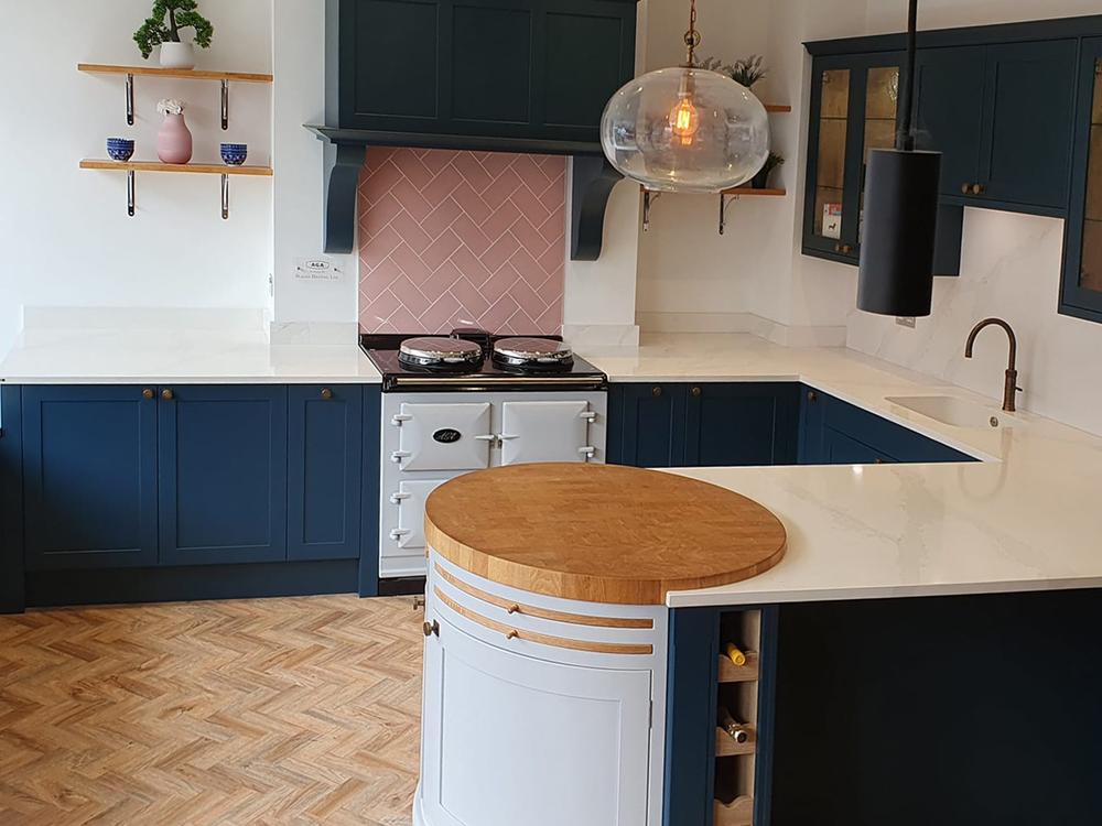 Ex Display Uform Kitchen in Marine Blue & Light Grey. Silestone Worktops. Located in Kent.